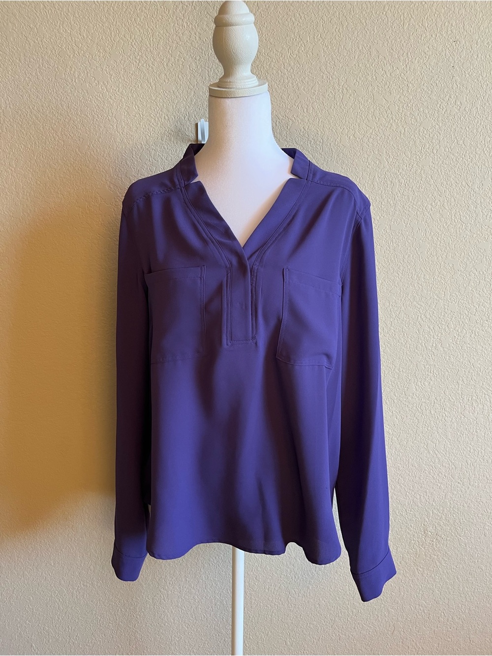 Nine West Purple Split V-Neck Long Sleeve Blouse